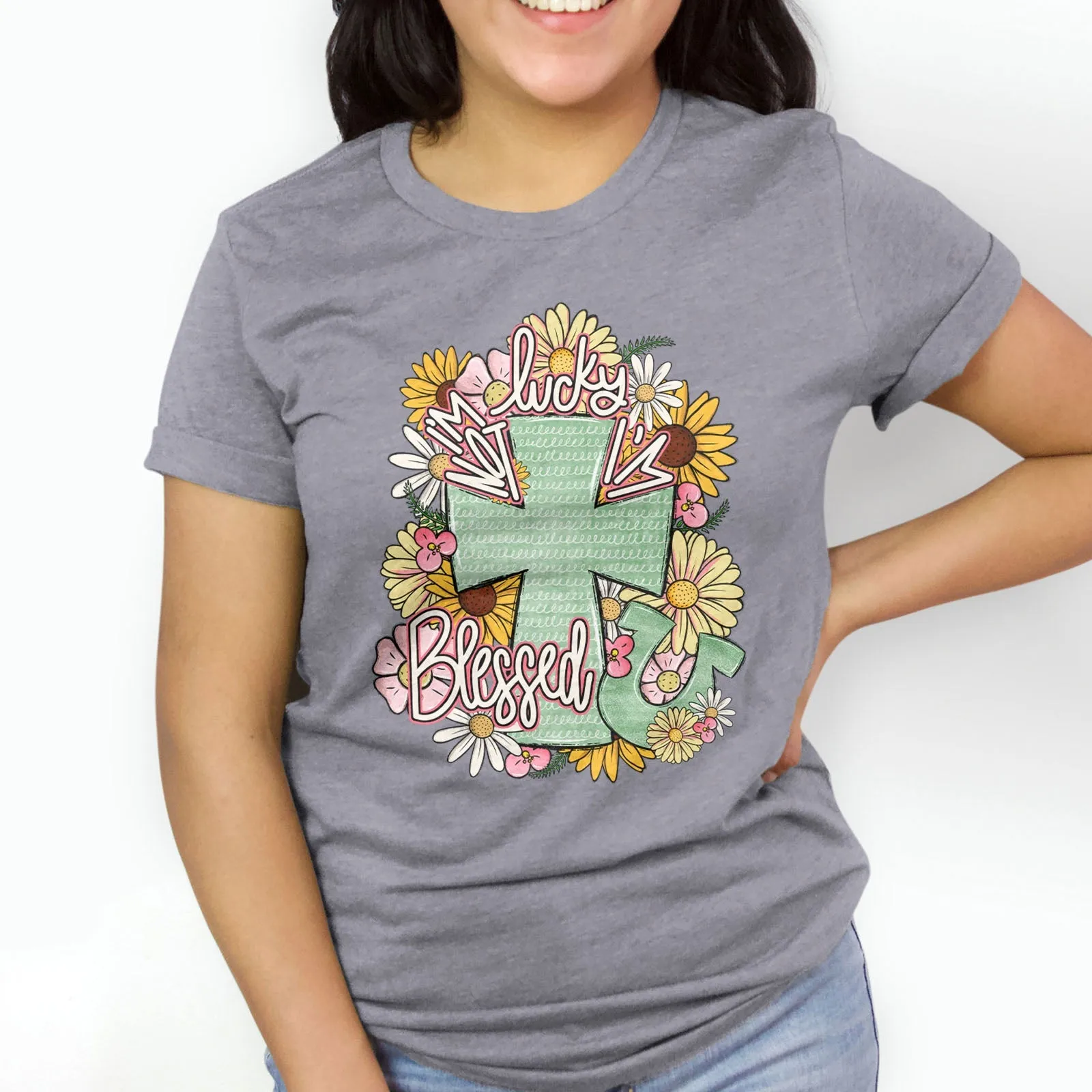 I'm Not Lucky I'm Blessed Floral Cross Tee Shirts For Women - Christian Shirts for Women - Religious Tee Shirts