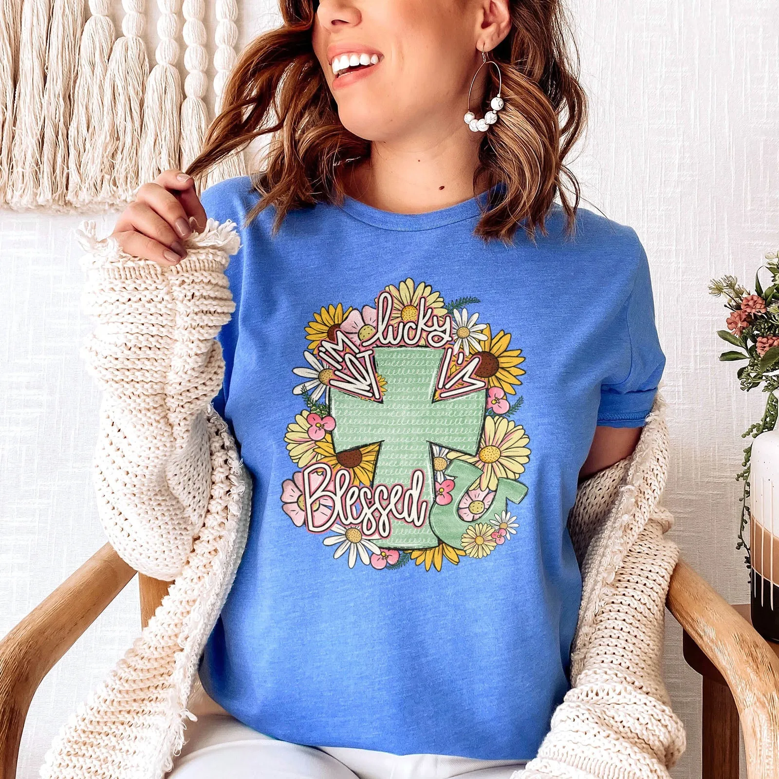 I'm Not Lucky I'm Blessed Floral Cross Tee Shirts For Women - Christian Shirts for Women - Religious Tee Shirts