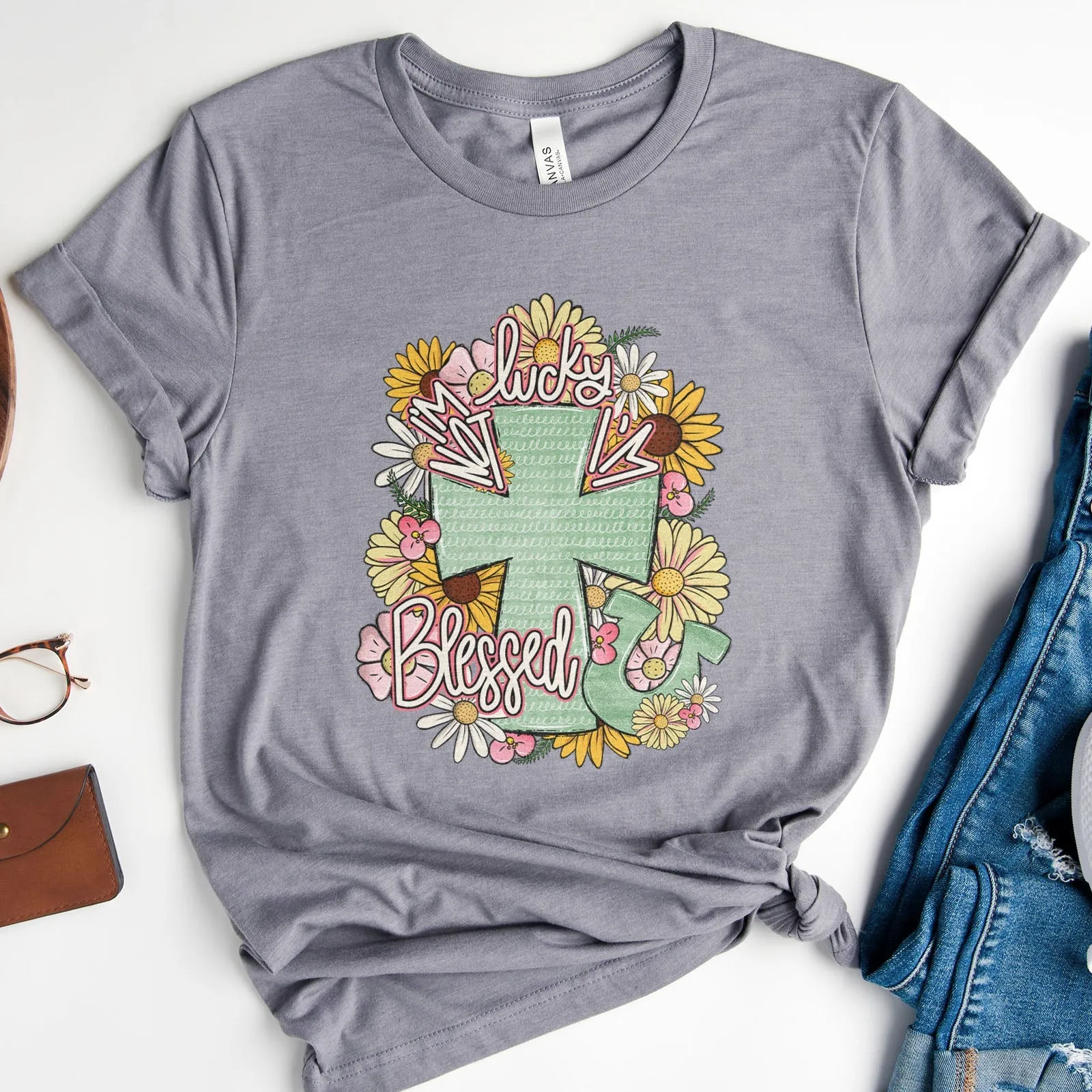 I'm Not Lucky I'm Blessed Floral Cross Tee Shirts For Women - Christian Shirts for Women - Religious Tee Shirts