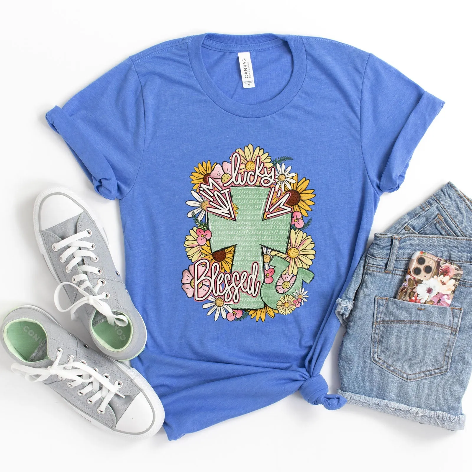 I'm Not Lucky I'm Blessed Floral Cross Tee Shirts For Women - Christian Shirts for Women - Religious Tee Shirts