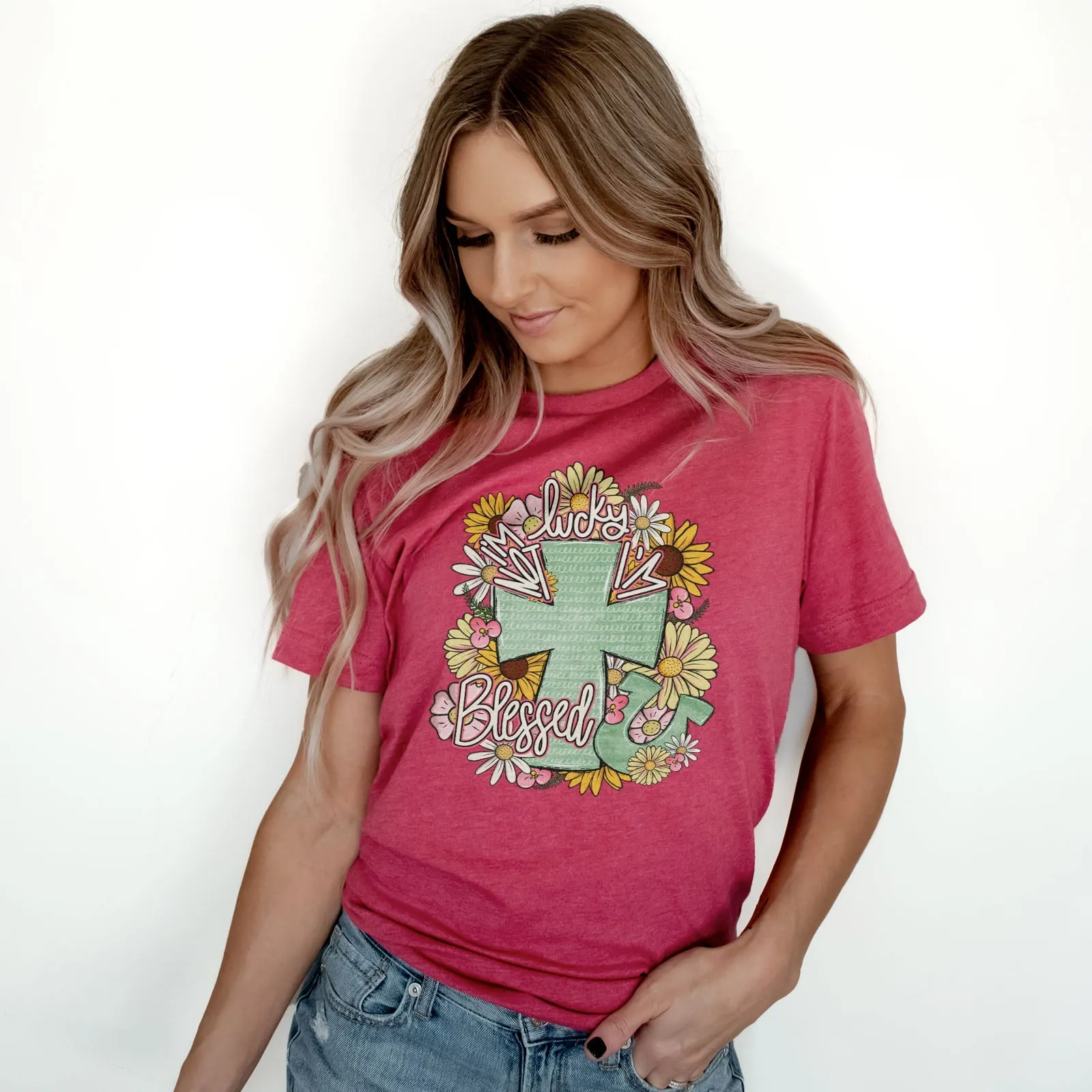 I'm Not Lucky I'm Blessed Floral Cross Tee Shirts For Women - Christian Shirts for Women - Religious Tee Shirts