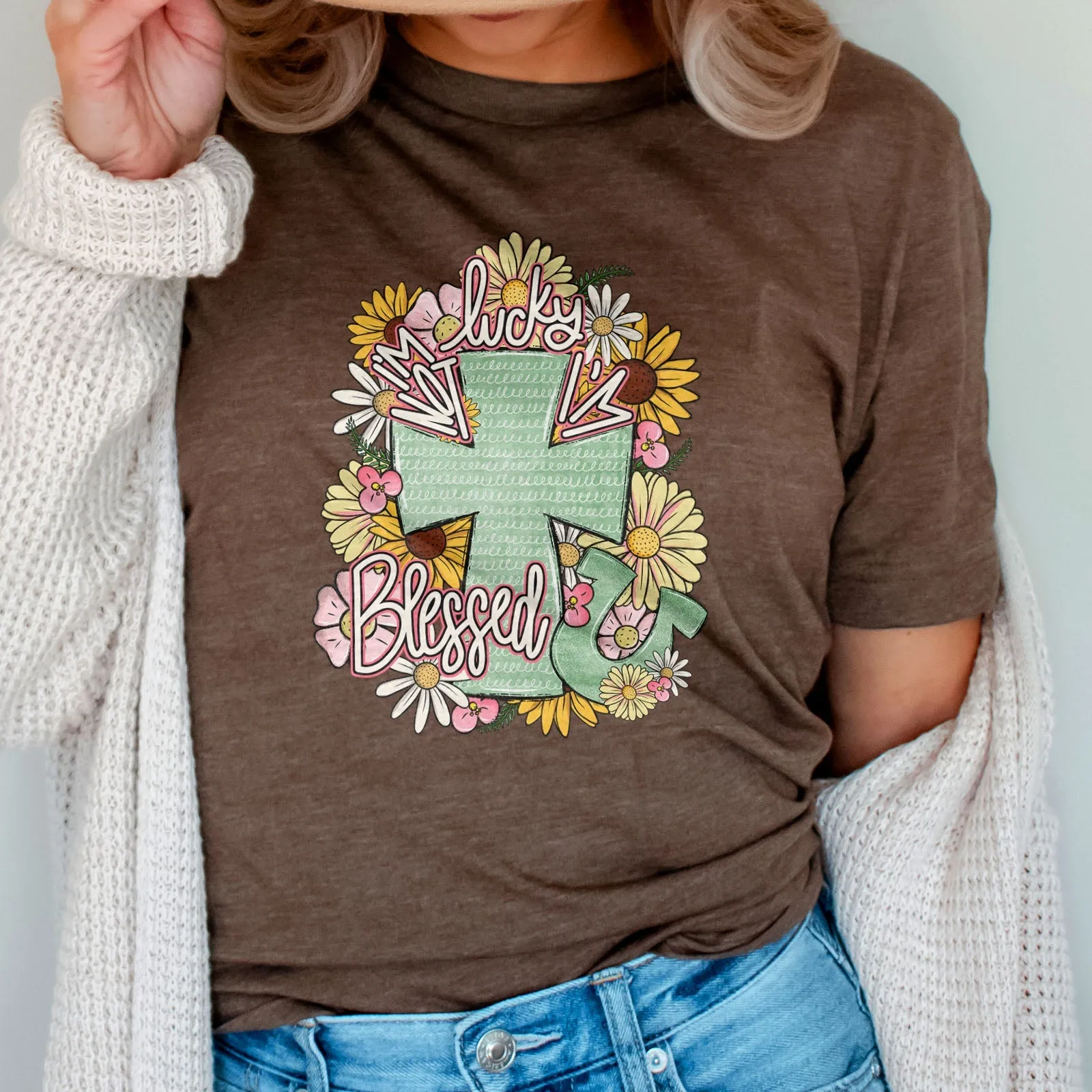 I'm Not Lucky I'm Blessed Floral Cross Tee Shirts For Women - Christian Shirts for Women - Religious Tee Shirts