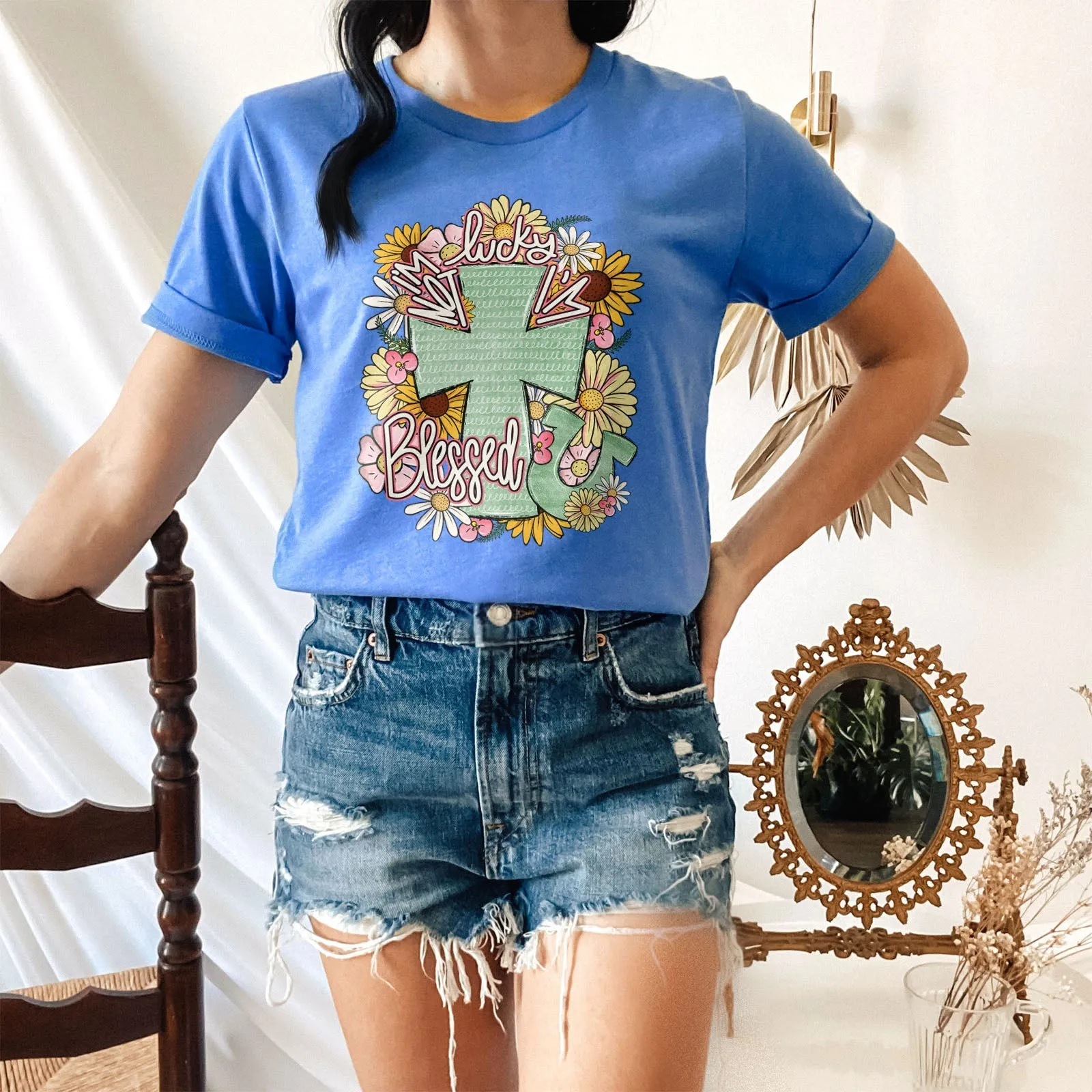 I'm Not Lucky I'm Blessed Floral Cross Tee Shirts For Women - Christian Shirts for Women - Religious Tee Shirts