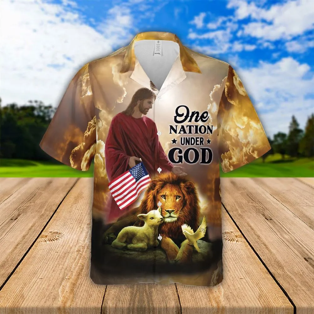 Jesus Lion Lamb One Nation Under God Hawaiian Shirts - Religious Hawaiian Shirts - Hawaiian Christian For Men Women