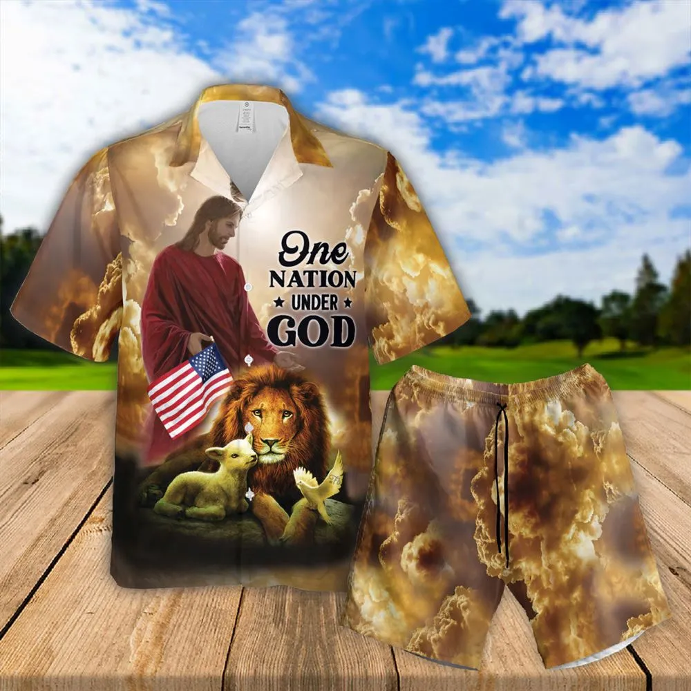 Jesus Lion Lamb One Nation Under God Hawaiian Shirts - Religious Hawaiian Shirts - Hawaiian Christian For Men Women