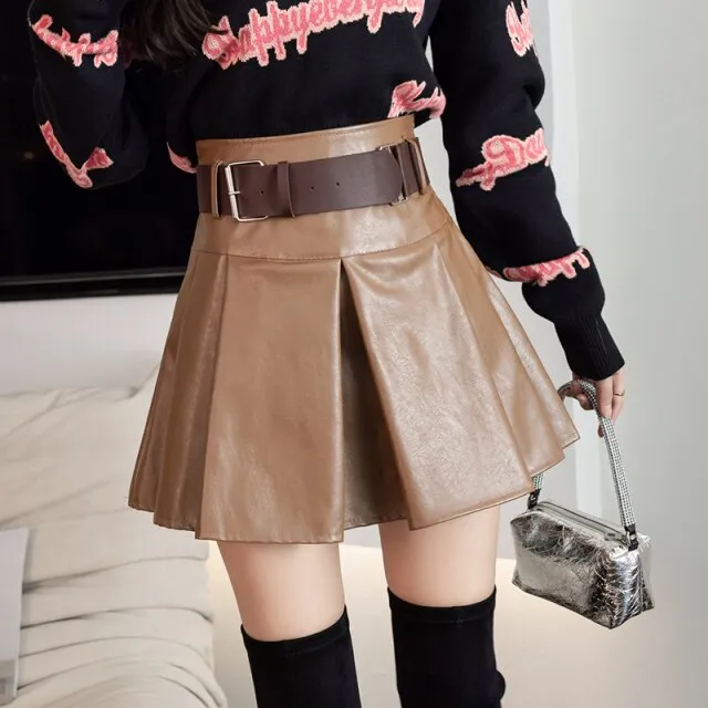 Khaki Black Pleated Skirts Women High Waist PU Leather Skirt Shorts