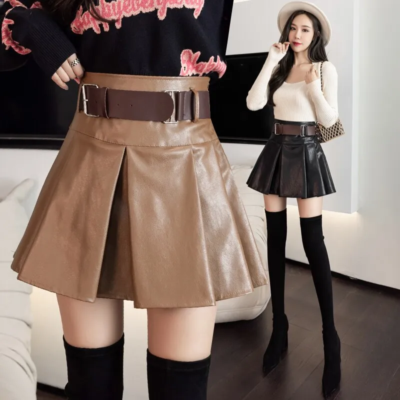 Khaki Black Pleated Skirts Women High Waist PU Leather Skirt Shorts