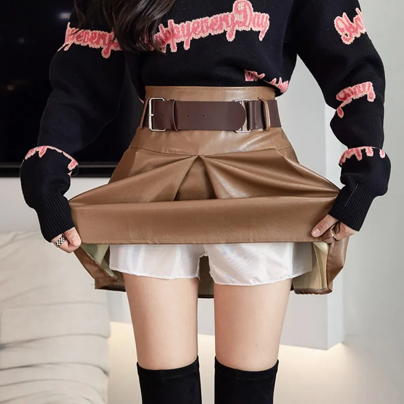 Khaki Black Pleated Skirts Women High Waist PU Leather Skirt Shorts