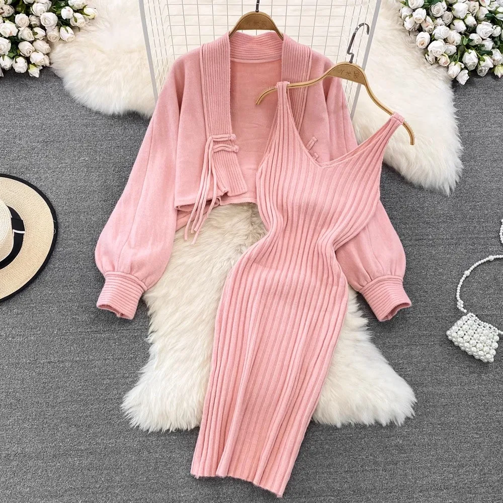 knitted shawl jacket two-piece set for women V-neck suspender dress       S4119