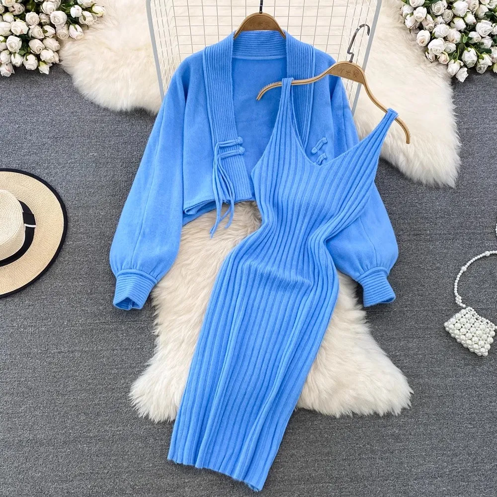 knitted shawl jacket two-piece set for women V-neck suspender dress       S4119