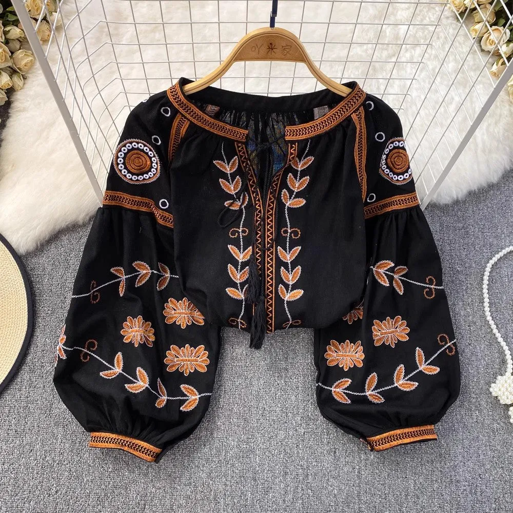 long-sleeved round neck embroidered shirt for women casual tops     S3952