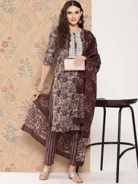 Maroon Floral Print Thread Work Pure Cotton Kurta With Trousers & Dupatta Set