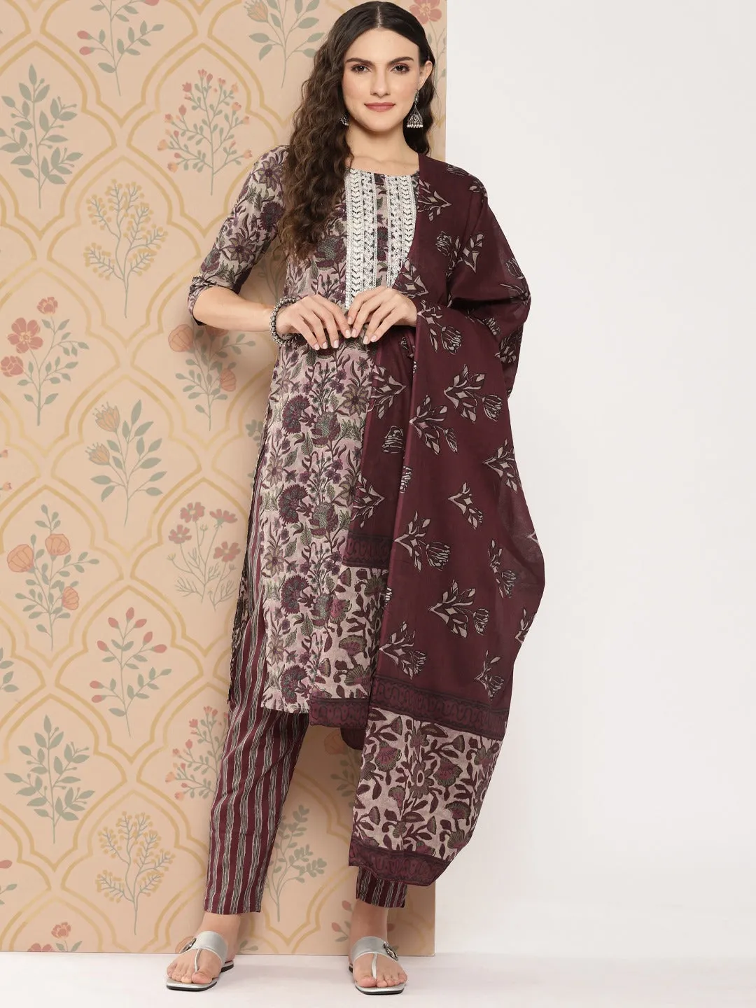 Maroon Floral Print Thread Work Pure Cotton Kurta With Trousers & Dupatta Set