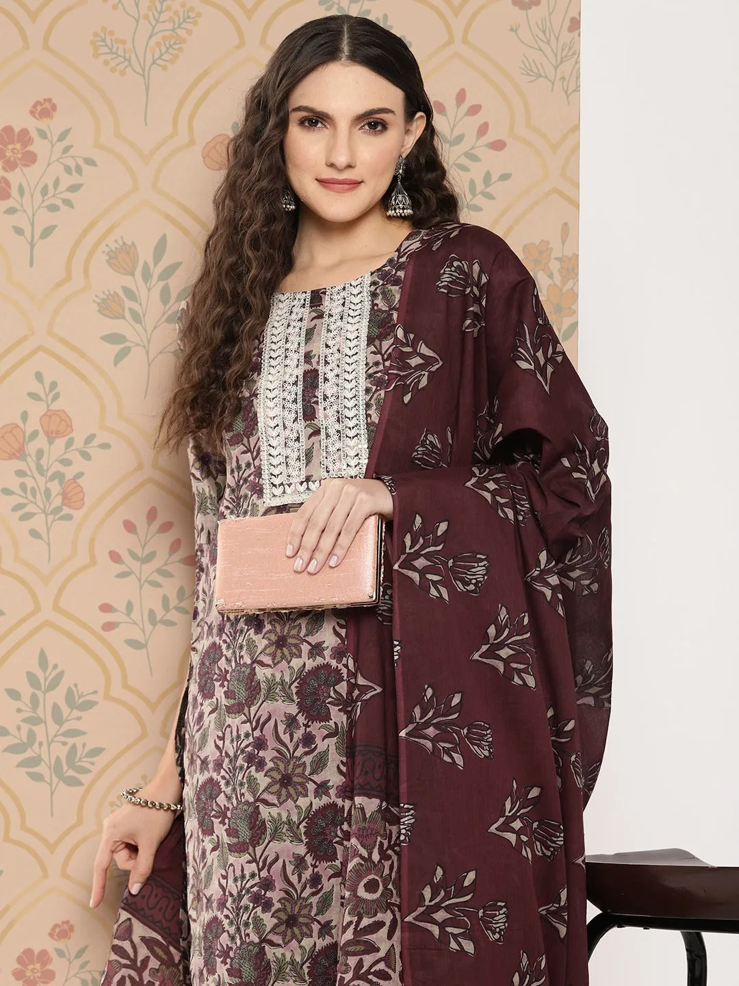 Maroon Floral Print Thread Work Pure Cotton Kurta With Trousers & Dupatta Set