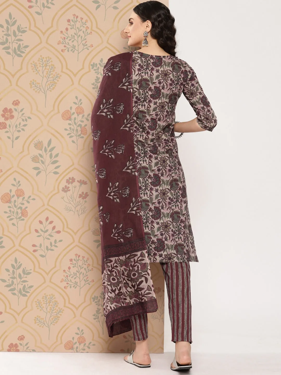 Maroon Floral Print Thread Work Pure Cotton Kurta With Trousers & Dupatta Set