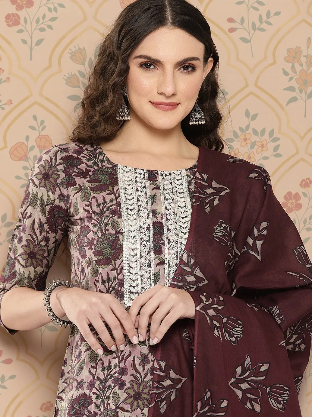 Maroon Floral Print Thread Work Pure Cotton Kurta With Trousers & Dupatta Set