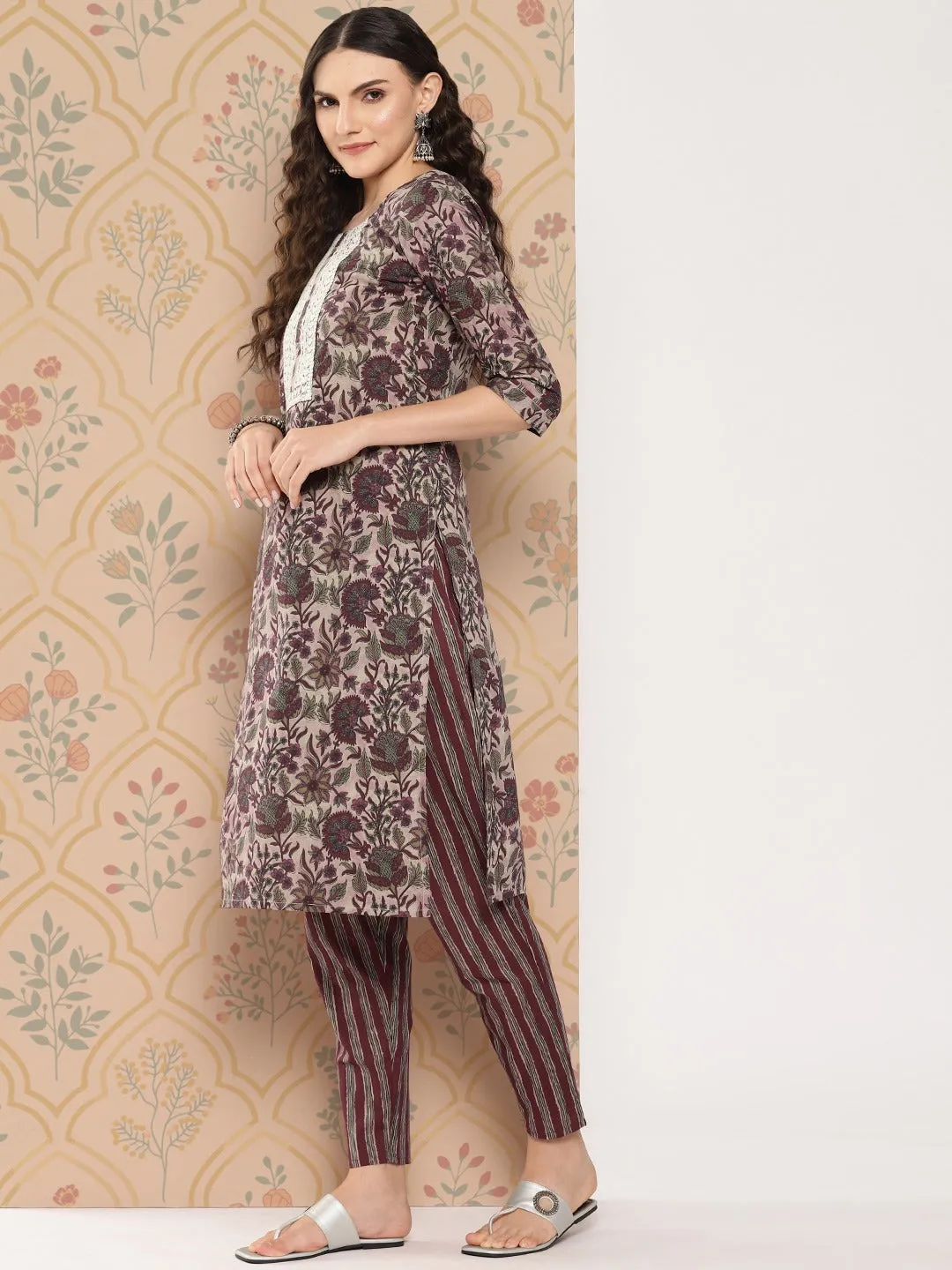 Maroon Floral Print Thread Work Pure Cotton Kurta With Trousers & Dupatta Set