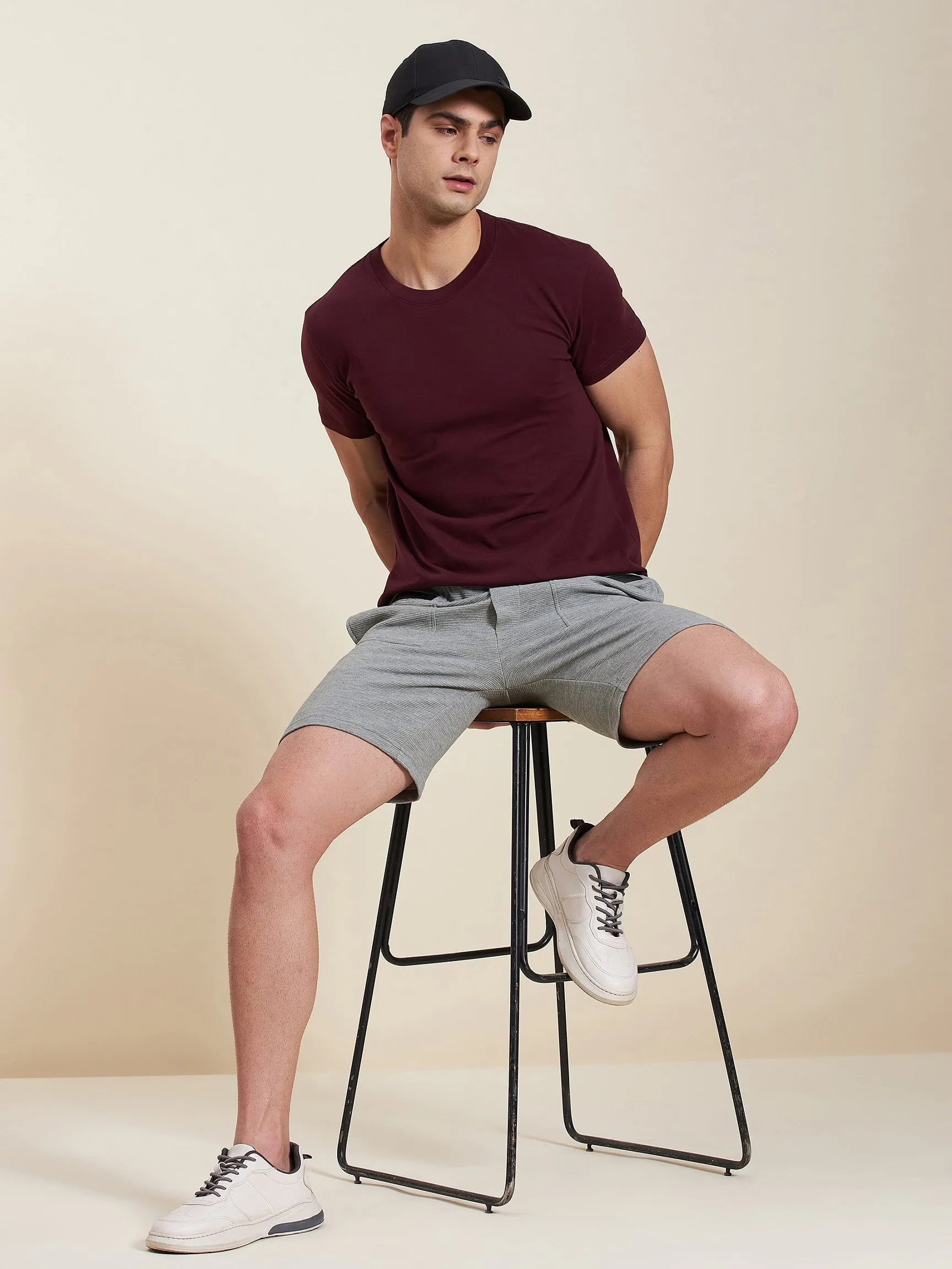 Men Grey Melange Zipper Pocket Bermuda Shorts