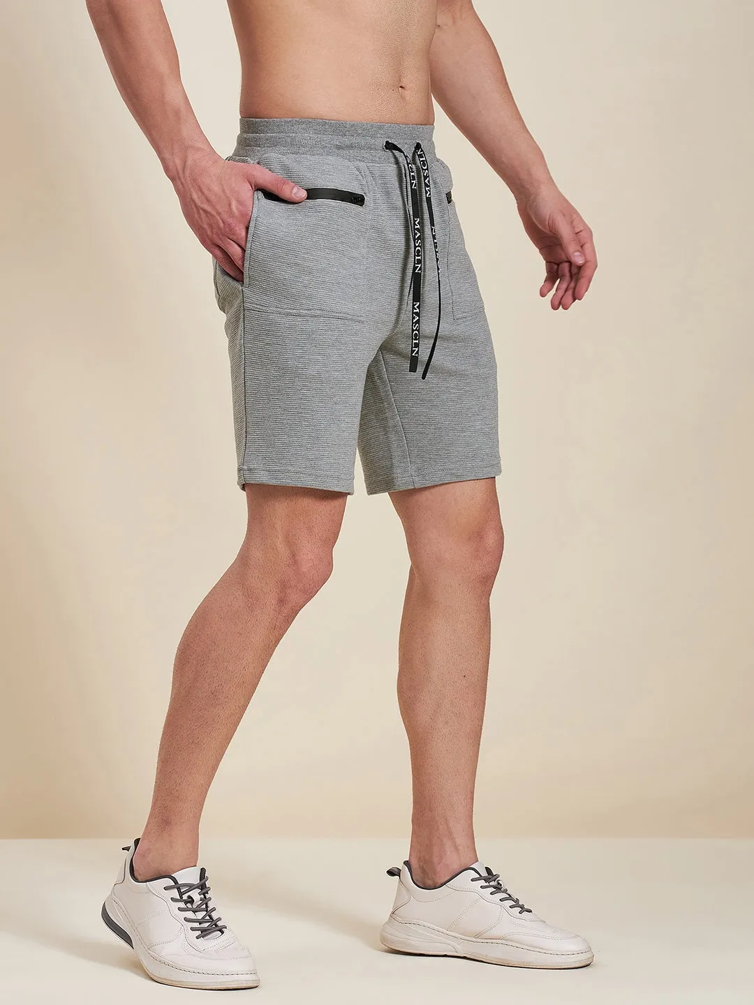 Men Grey Melange Zipper Pocket Bermuda Shorts