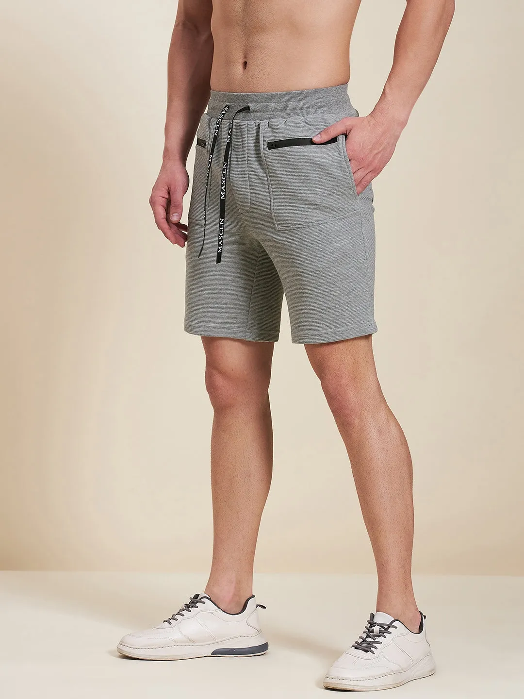 Men Grey Melange Zipper Pocket Bermuda Shorts