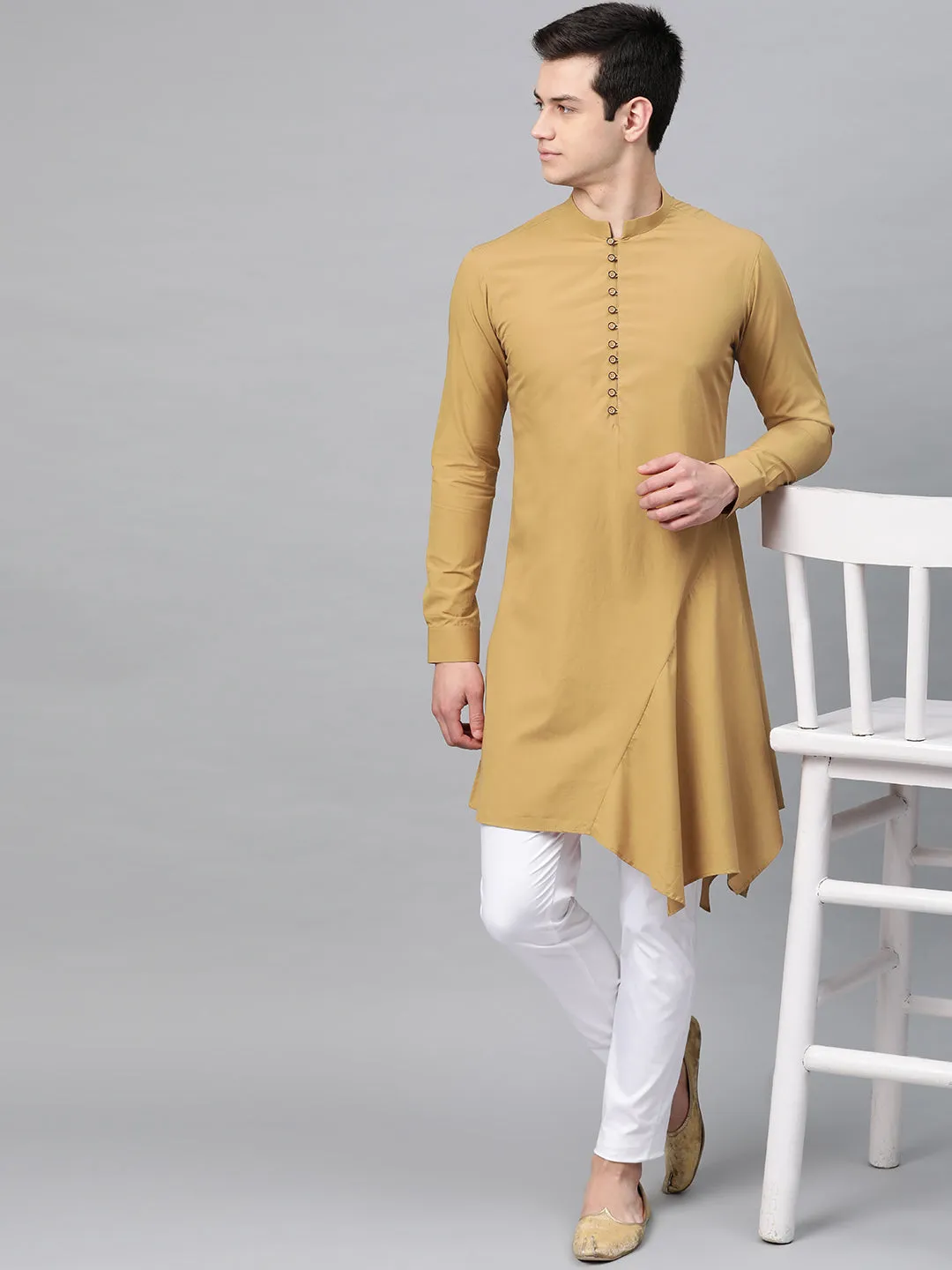 Men Khaki Solid Asymmetrical Kurta With Pyjama