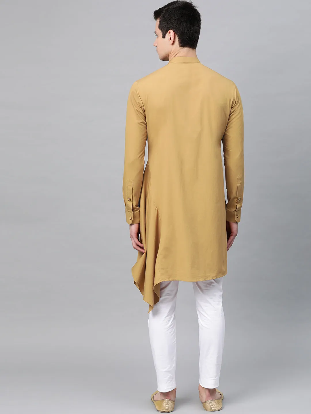 Men Khaki Solid Asymmetrical Kurta With Pyjama