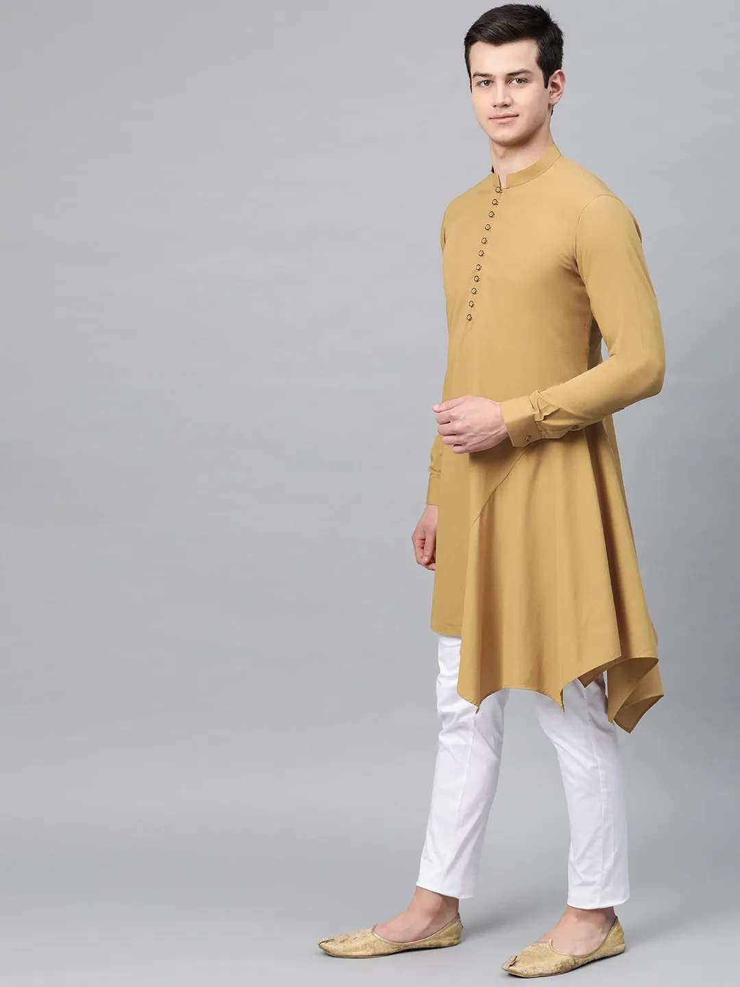 Men Khaki Solid Asymmetrical Kurta With Pyjama