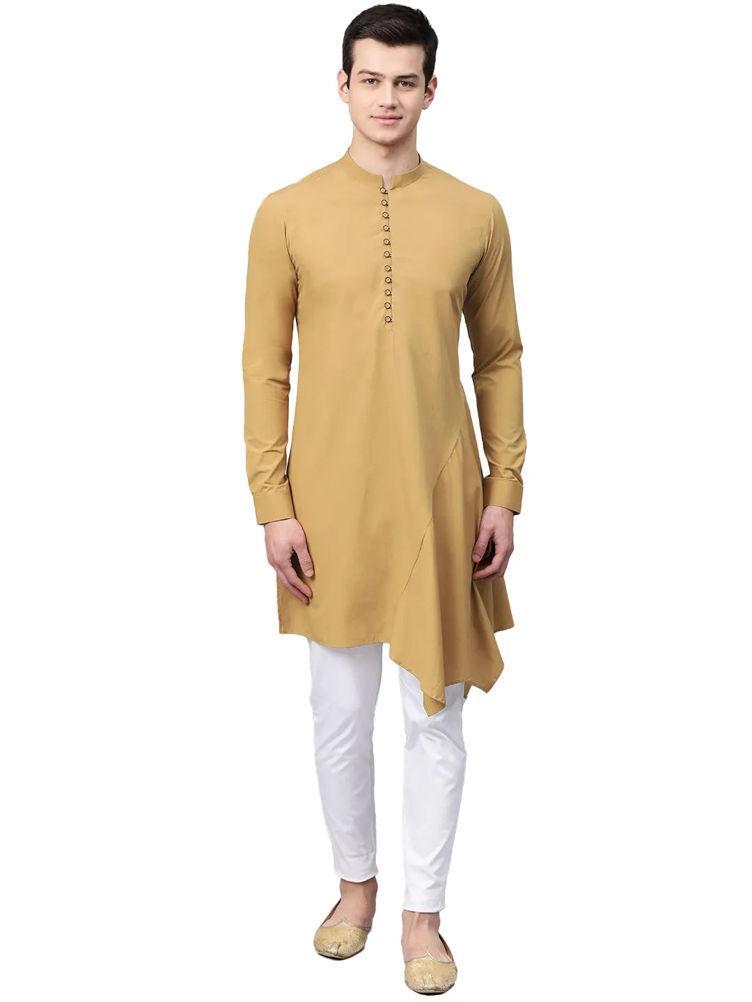 Men Khaki Solid Asymmetrical Kurta With Pyjama