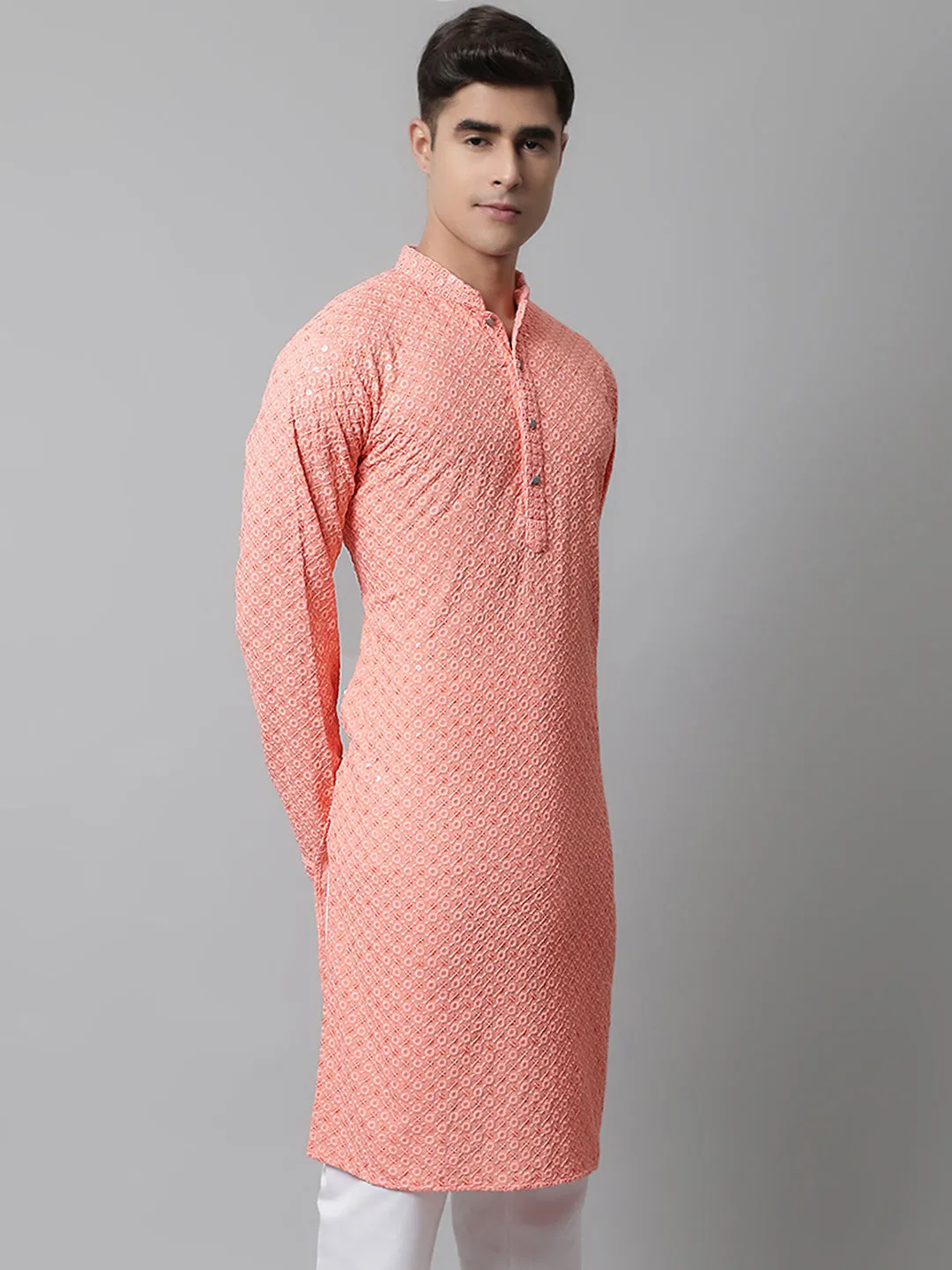 Men Peach Chikankari Embroidered And Sequence Kurtas