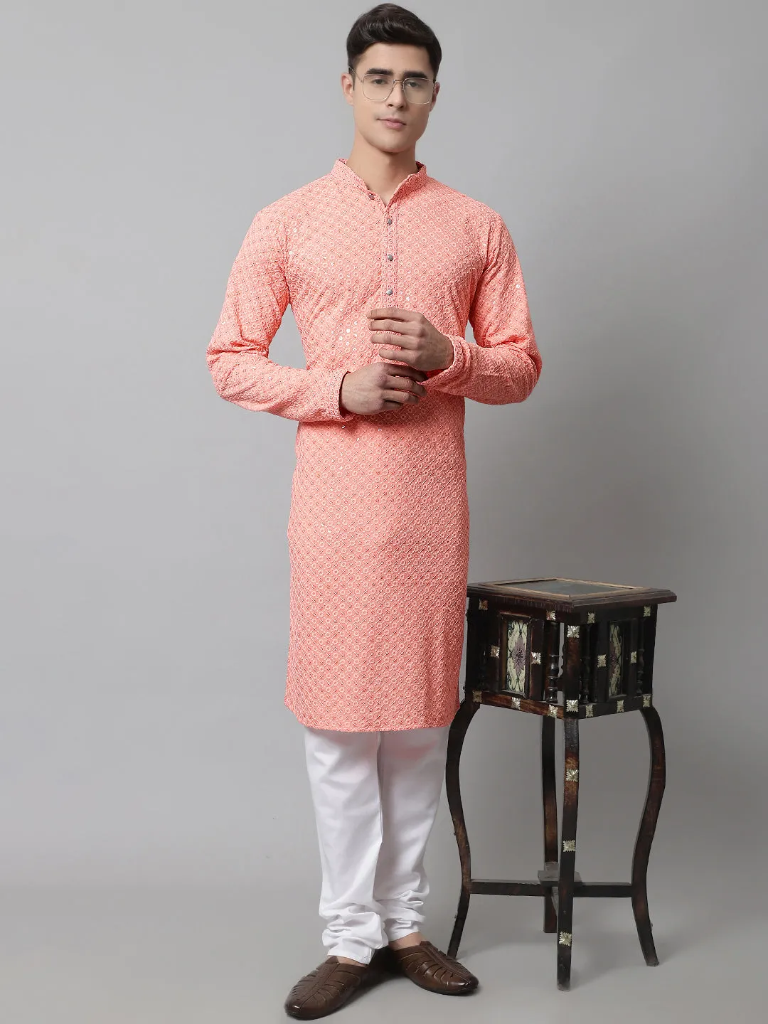 Men Peach Chikankari Embroidered And Sequence Kurtas