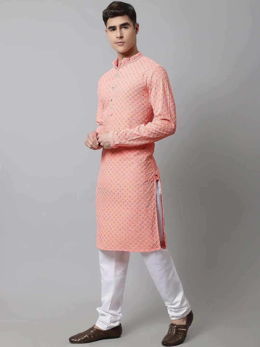 Men Peach Chikankari Embroidered And Sequence Kurtas