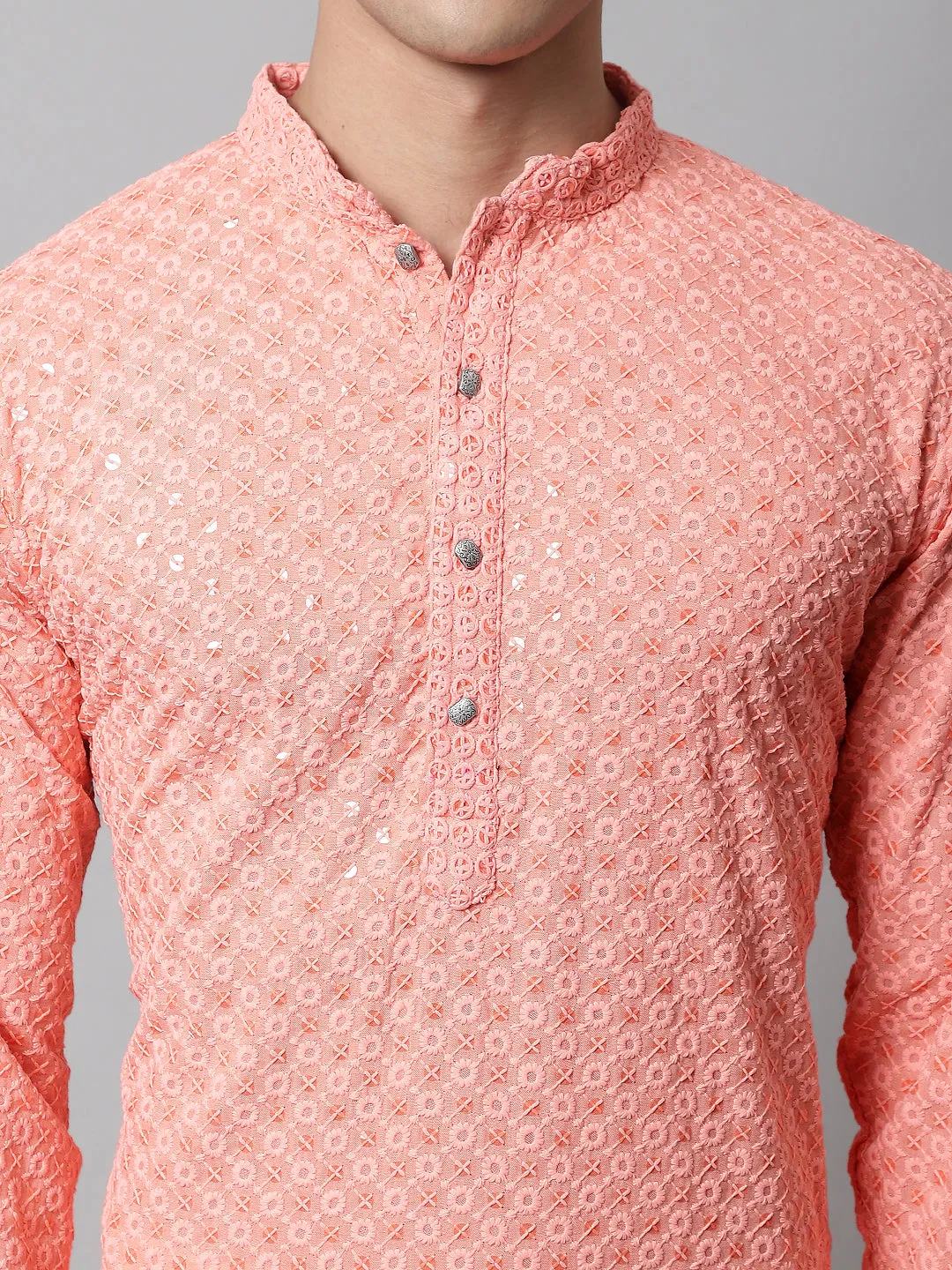 Men Peach Chikankari Embroidered And Sequence Kurtas