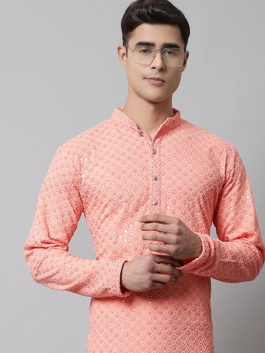 Men Peach Chikankari Embroidered And Sequence Kurtas