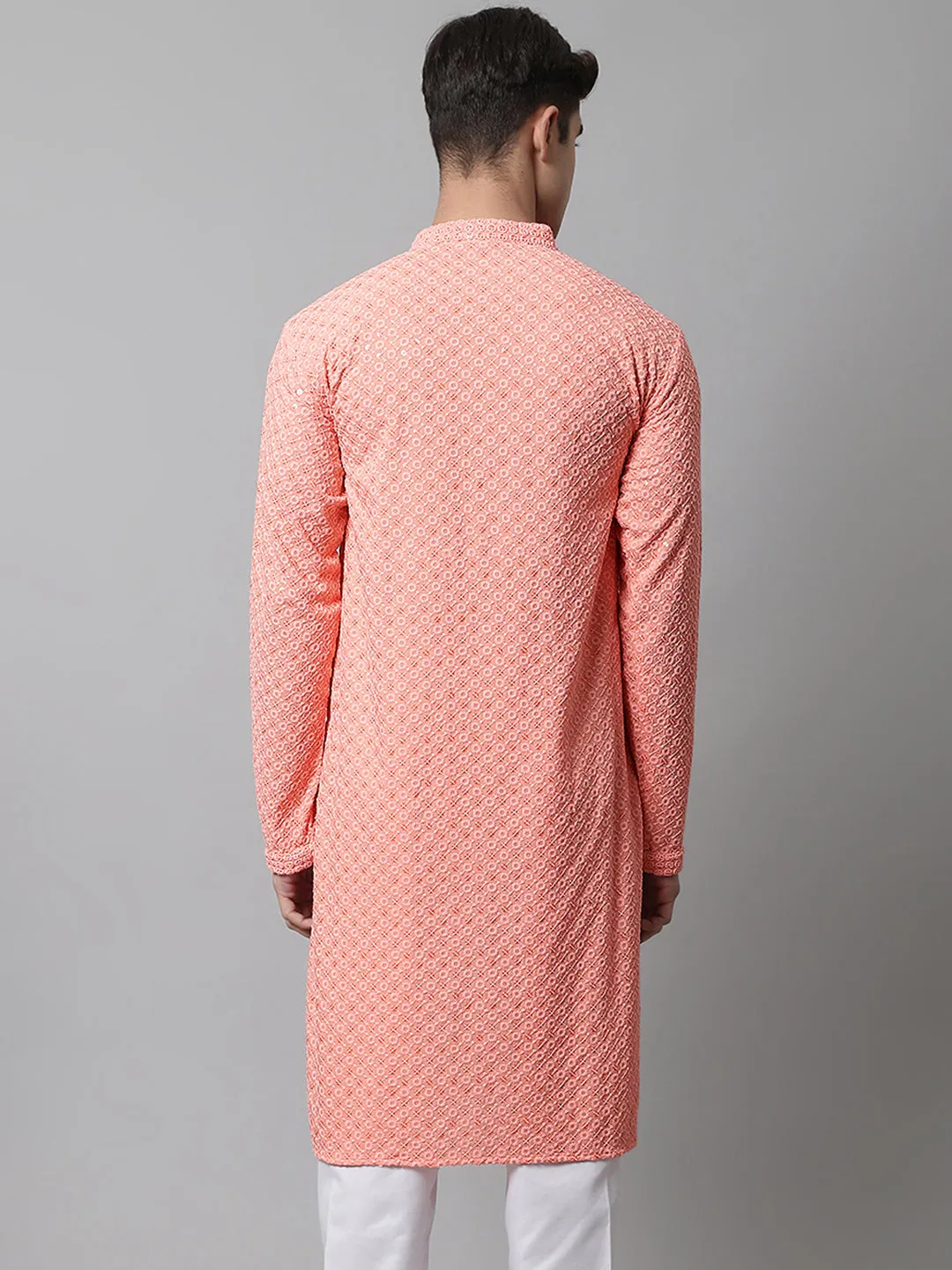 Men Peach Chikankari Embroidered And Sequence Kurtas