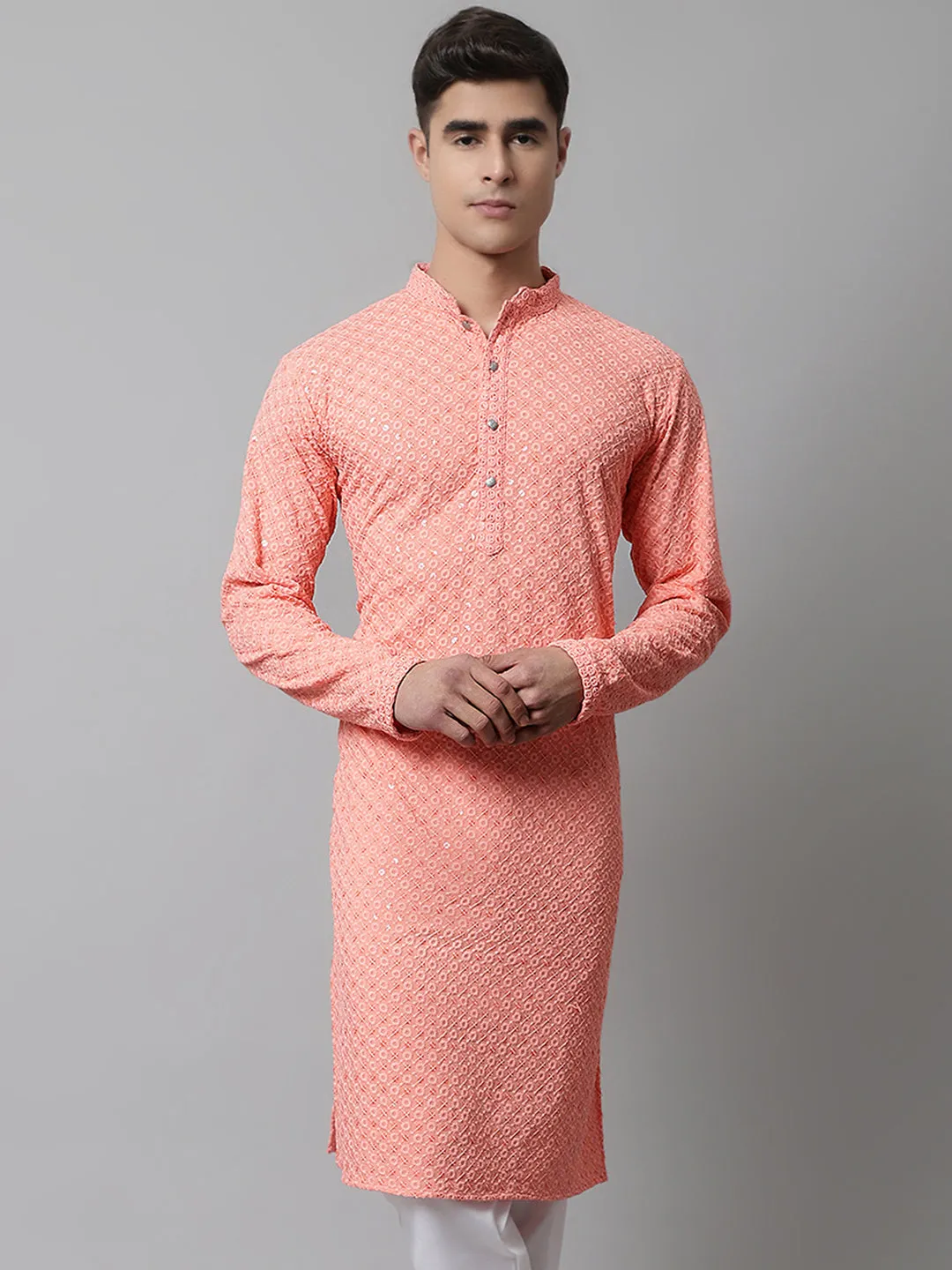 Men Peach Chikankari Embroidered And Sequence Kurtas