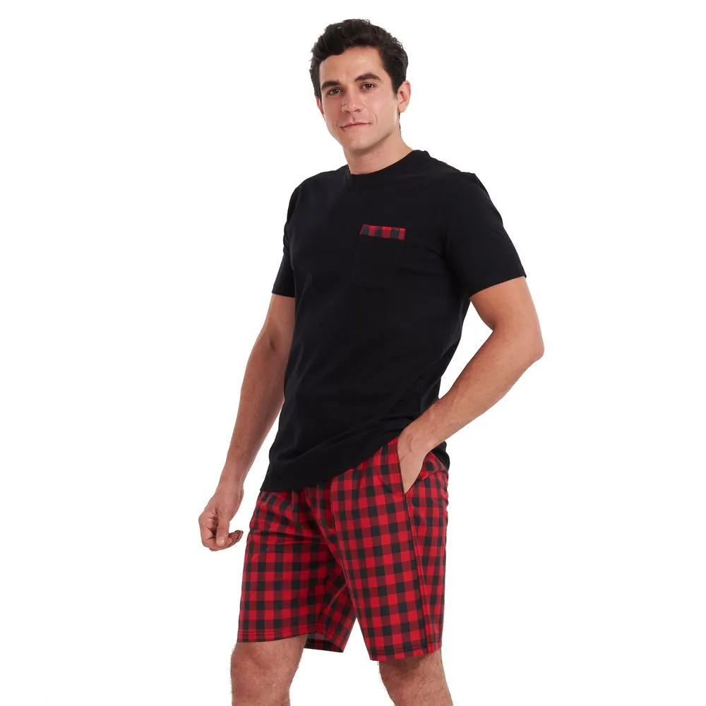 Men summer pajama set Black T-shirt  Red checkered shorts