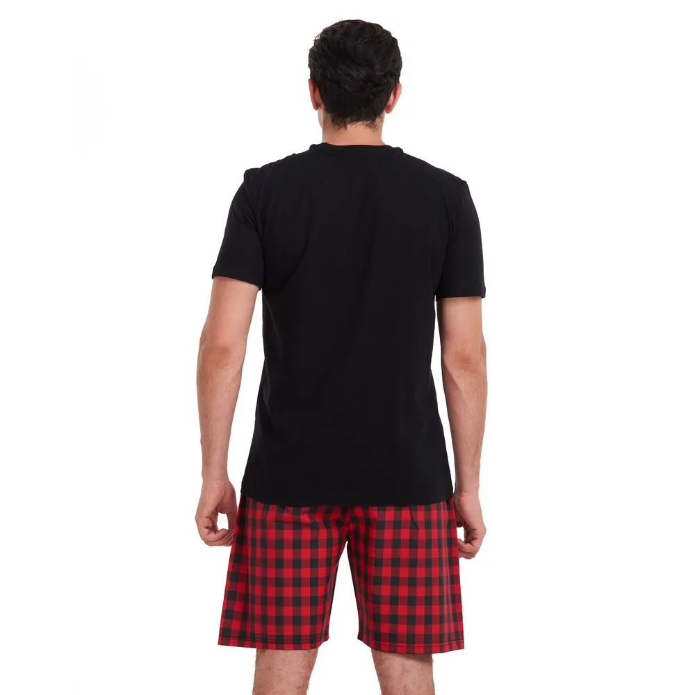 Men summer pajama set Black T-shirt  Red checkered shorts