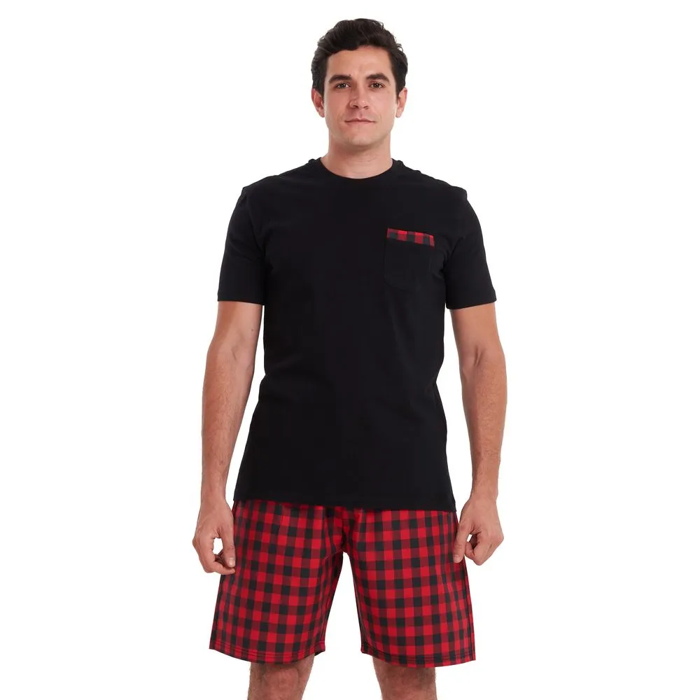 Men summer pajama set Black T-shirt  Red checkered shorts