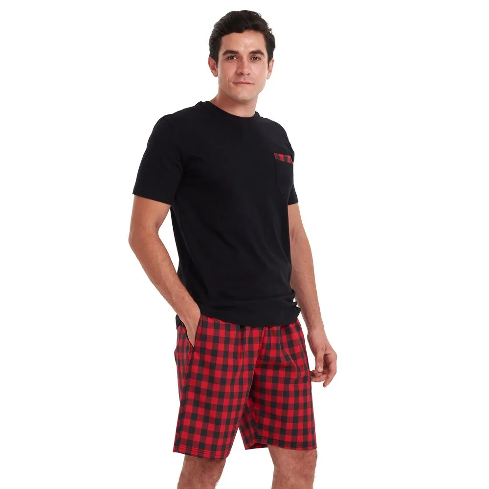 Men summer pajama set Black T-shirt  Red checkered shorts