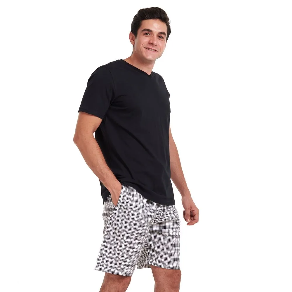 Men summer pajama set Black V neck t-shirt   White x Black checkered shorts