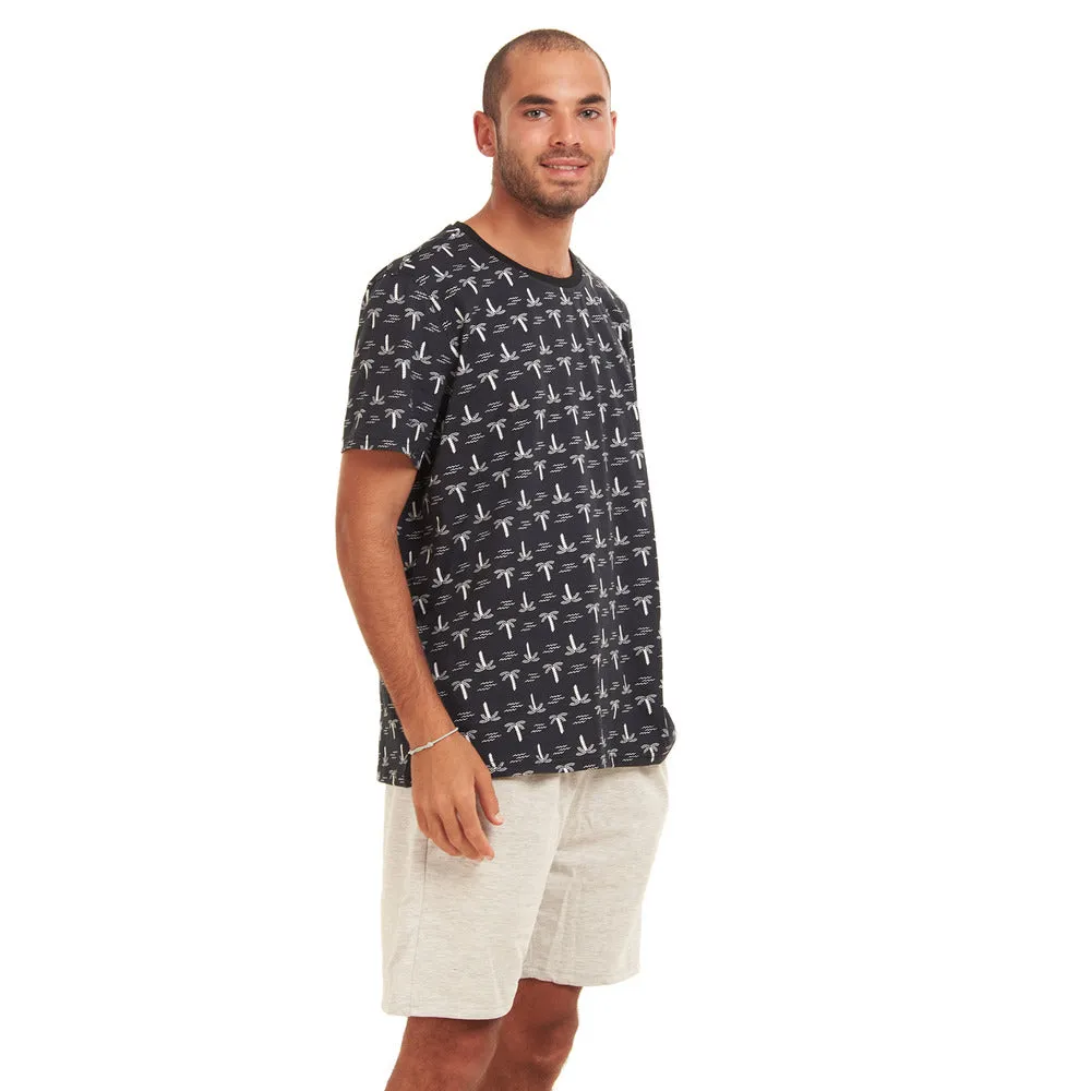 Men summer pajama set Palm trees T-shirt  Grey shorts