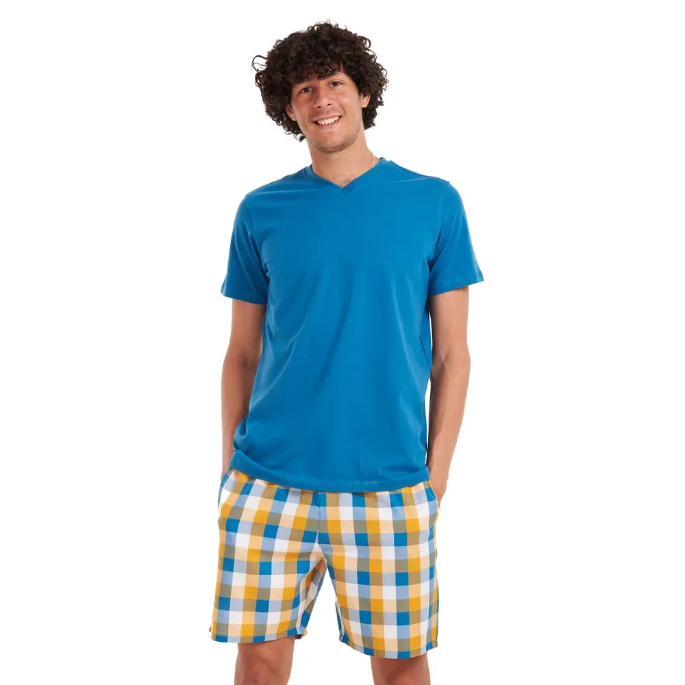 Men summer pajama set Teal T-shirt   Yellow checkered shorts