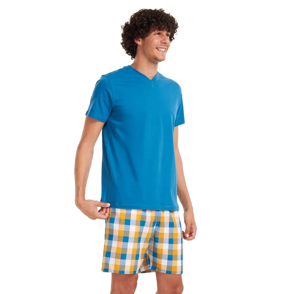 Men summer pajama set Teal T-shirt   Yellow checkered shorts