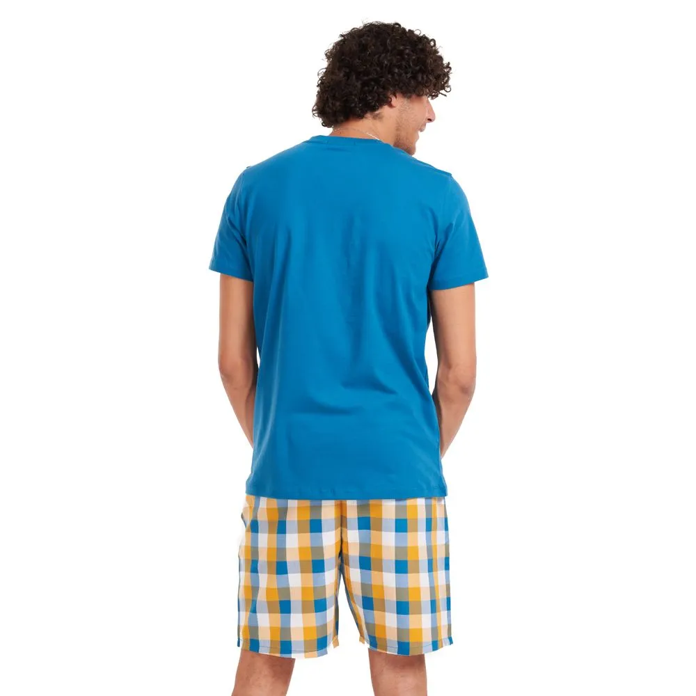 Men summer pajama set Teal T-shirt   Yellow checkered shorts