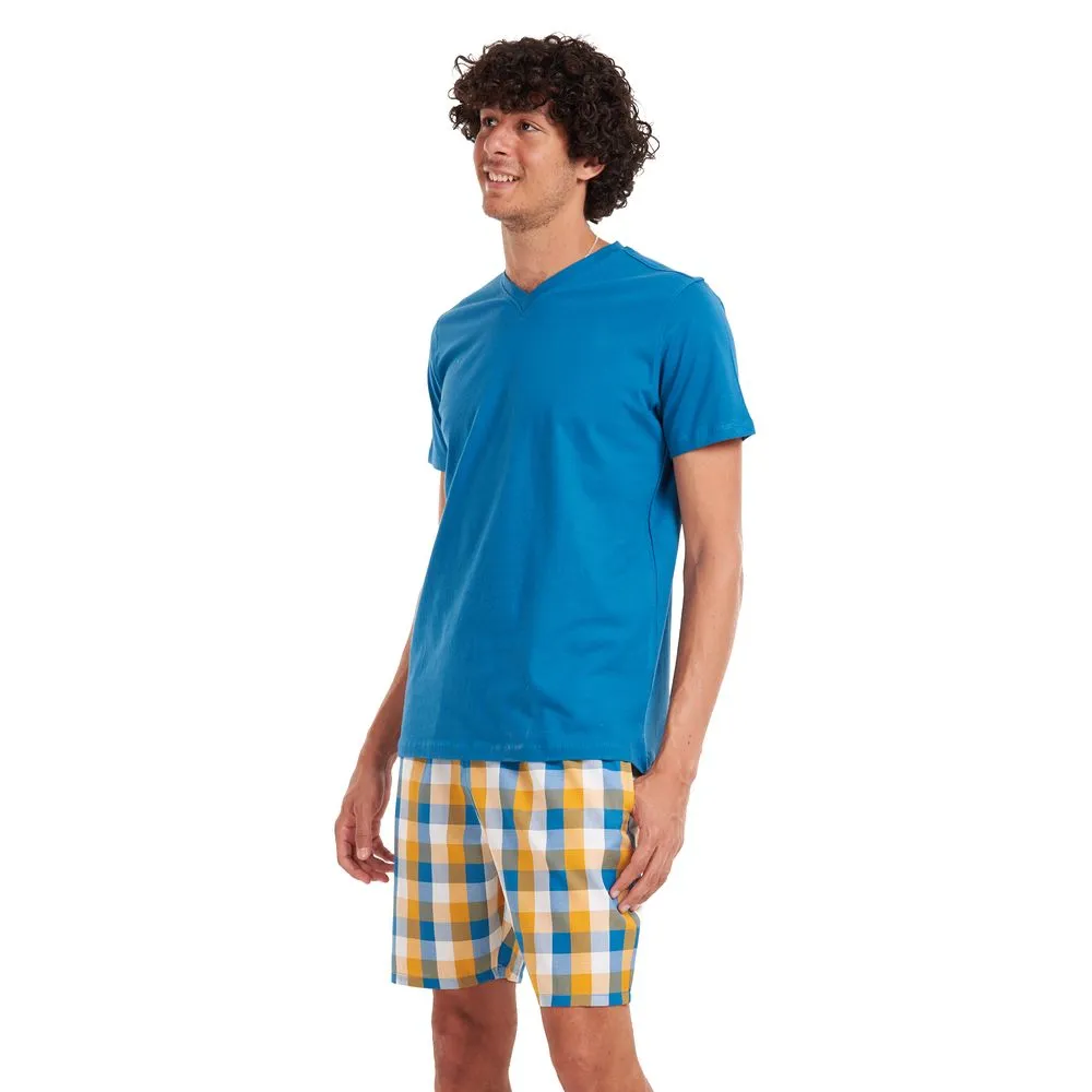 Men summer pajama set Teal T-shirt   Yellow checkered shorts