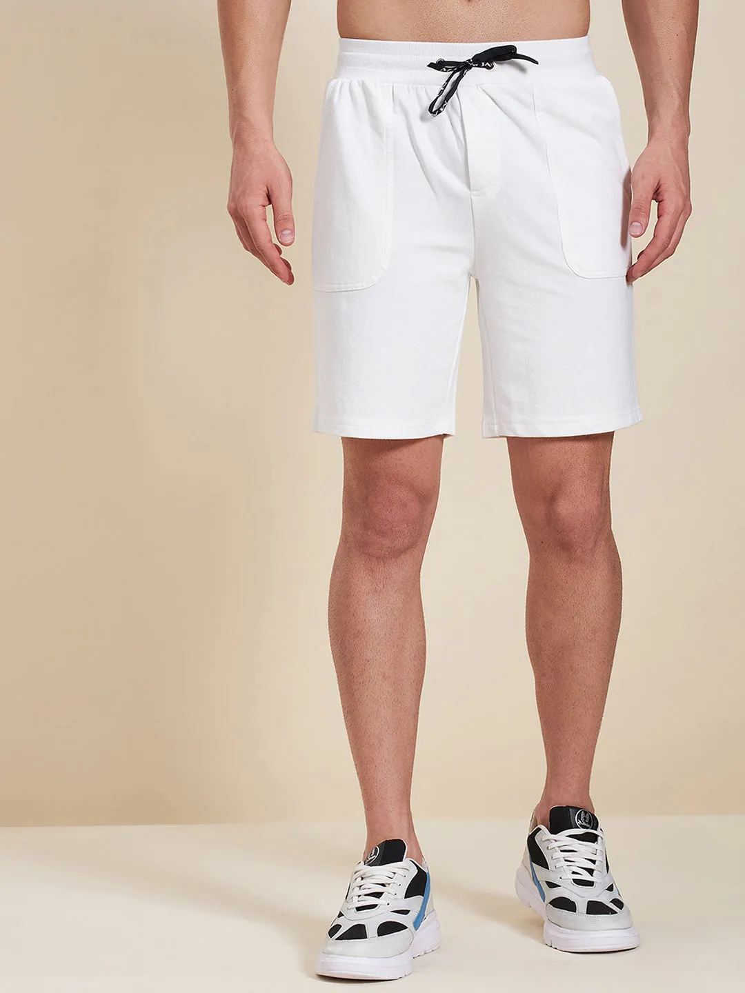 Men White Overlock Detail Bermuda Shorts