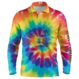 Mens Golf Long Sleeve Polo Shirts With Colorful Tie Dye Background Custom Name Golf Shirt, Golfing Gift