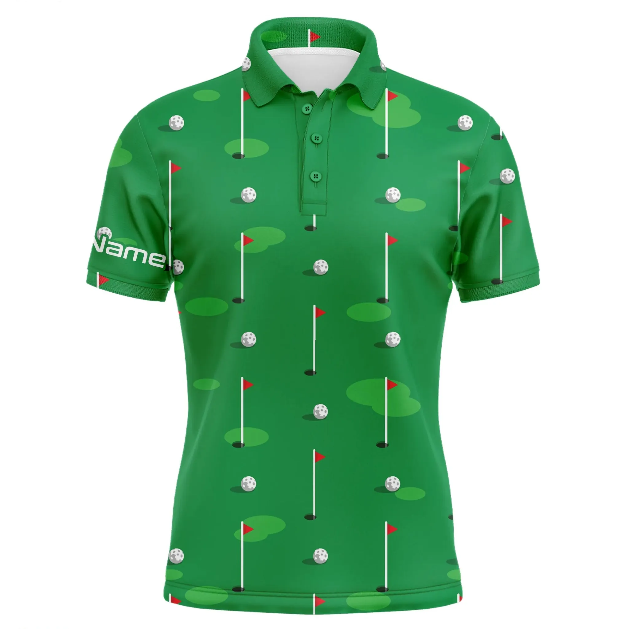 Mens Golf Polo Shirts Custom Golf Flag And Balls Green Golf Course Pattern Golf Polo Shirts For Men