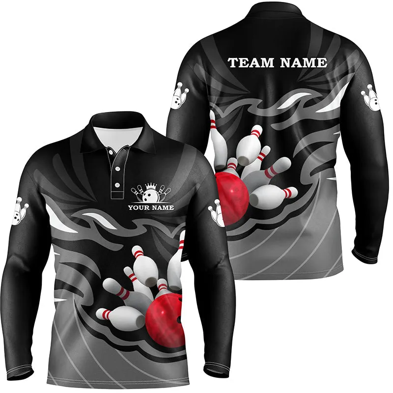 Mens Long Sleeve Polo Bowling Shirt Custom Bowling Ball Pins Team League Jersey, Personalized Multicolor Bowling Gifts