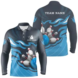 Mens Long Sleeve Polo Bowling Shirt Custom Bowling Ball Pins Team League Jersey, Personalized Multicolor Bowling Gifts